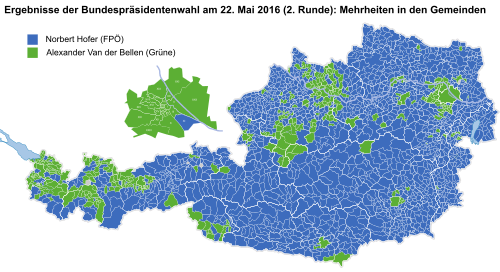 Mehrheitsverteilung auf Ebene der Gemeinden (ohne Briefwahlstimmen); Gemeinden mit Gleichstand (beide Kandidaten 50 %) sind grau gefärbt.