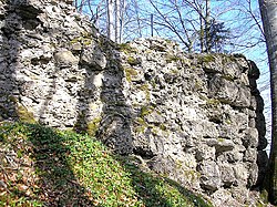 Der bis zur Höhe von vier Metern erhaltene Mauerzug im Westen aus großen Nagelfluhquadern (Außenseite)