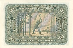 Holzfäller von Ferdinand Hodler auf der Rückseite der Schweizer 50er-Note, 1911