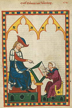 Zeichnung aus dem Codex Manesse. Konrad von Würzburg diktiert einem Schreiber.