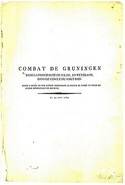„Combat de Gruningen“, Titelblatt eines vierseitigen Drucks, 1762, 24,5&nbsp;×&nbsp;36,5&nbsp;cm