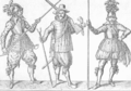 Links und rechts: Landsknecht-Doppelsöldner mit Pike, Mitte: Hakenschütze mit Arkebuse und Gabel zum Auflegen, Darstellung von Jakob de Gheyn II.