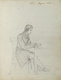 Eliza Radziwiłłówna: Fryderyk Chopin am Klavier, Zeichnung, um 1826, Frédéric-Chopin-Museum Warschau