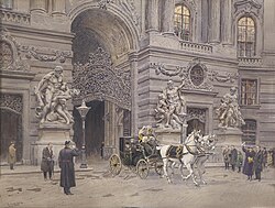Kaiser Franz Joseph in seiner Kutsche aus der Hofburg kommend, 1912