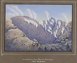 „Der Auswurfskegel und die innere Wand der Kratermauer des Merapi.“ Am rechten Bildrand hat Junghuhn sich selbst mit einem Stock dargestellt.