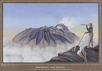 „Die Nordseite des Merapi, aus einer Höhe von 7500 Fuß vom südlichen Abhange des Merbabu gesehen. … Nov. 1836.“ Hier hat Junghuhn sich selbst mit einem Fernglas dargestellt.