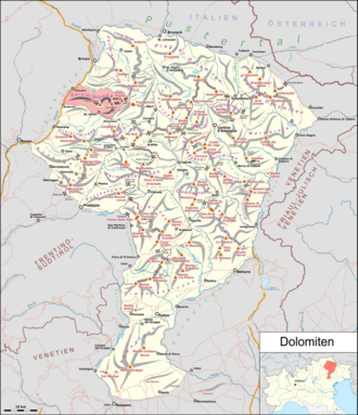 Lage der Geislergruppe in den Dolomiten
