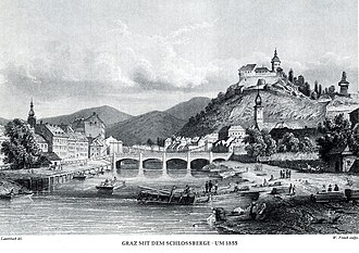 Schlossberg und Franz-Carl-Kettenbrücke (1855) (heute: Erzherzog-Johann-Brücke), davor die Albrechtsbrücke (heute: Tegetthoffbrücke)
