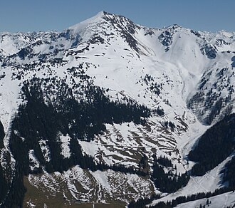 Der Große (links) und der Kleine Galtenberg (rechts) vom Wiedersberger Horn aus gesehen (von Nord-Westen), davor der Greiter Graben