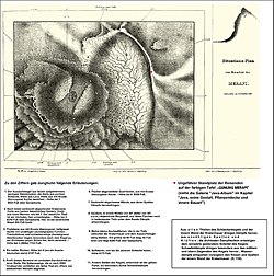 Situationsplan vom Krater des Merapi. Entworfen im November 1836.Darunter eine Abschrift von Junghuhns Erläuterungen in den „Erklärungen der Tafeln des Atlasses …“