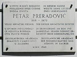 Petar Preradović – Gedenktafel
