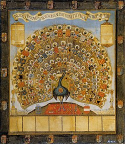 „Habsburger Pfau“ mit den Wappen der Herrschaften des Hauses Habsburg, 1555