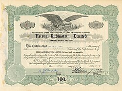 Aktie des am 20. Juni 1929 in Streetsville, Ontario gegründeten Unternehmens „Helena Rubinstein, Limited“, ausgegeben am 29. Juni 1929, im Original unterschrieben von Helena Rubinstein als Vize-Präsidentin