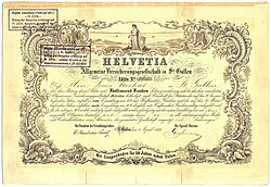 Gründer-Namensaktie der Helvetia Allgemeine Versicherungsgesellschaft in St. Gallen über 5.000 Franken, ausgegeben am 1. April 1859