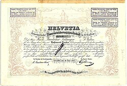 Namensaktie der HELVETIA Schweizerische Feuerversicherungsgesellschaft in St. Gallen über 5000 Franken, ausgegeben am 30. Juni 1862