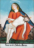 Hinterglasbild „Jesus in der Schohs Maria“ (Pietà), Schwarzwald oder Lothringen, 1. Hälfte 19. Jhdt. Landesmuseum Württemberg, Außenstelle Museum für Volkskultur Waldenbuch.