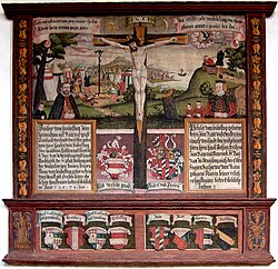 Gemälde anlässlich der Vermählung der Erbtochter Ursula von Rain mit Paul von Leublfing. Gezeigt werden die Wappen der Rain zu Sommeregg und Leublfing, sowie die Wappen der Ahnen wie den von Graben zu Sommeregg. Ursula von Rain war die Enkeltochter von Rosina von Graben von Rain. (Lienzer „Sankt Michaelskirche“ in Osttirol, 1573)