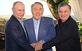 Wladimir Putin (links), Nursultan Nasarbajew und Shavkat Mirziyoyev (rechts), 2018