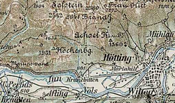 Hötting, Innsbruck West (um 1898–1905, Detail aus der Franzisco-Josephinischen Landesaufnahme, Blatt 29-47 Innsbruck)