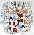 Herren- und Grafenwappen mit den blau-weißen Schräg­balken­wappen der Grabner (Von Graben)