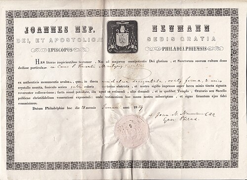 Bestätigung der Echtheit der Überreste von St. Vincence, unterzeichnet vom Hl. Johann Nepomuk Neumann, 1859.
