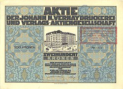 Gründungsaktie der Johann N. Vernay Druckerei- und Verlags-AG über 200 Kronen, ausgestellt am 1. Februar 1914 in Wien, mit Unterschriften des Präsidenten des Verwaltungsrats Johann Thomas Wancura und des Vize-Präsidenten Gustav Plaut