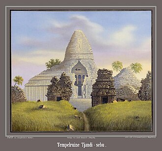„Die Südseite der Ruinen des Tjandi-sebu bei Brambanan, vom Zwischenraume der zweiten und dritten Reihe der kleinern Tempel aus gezeichnet. August 1836.“ (Heutiger Name: Candi Sewu, bei Prambanan)