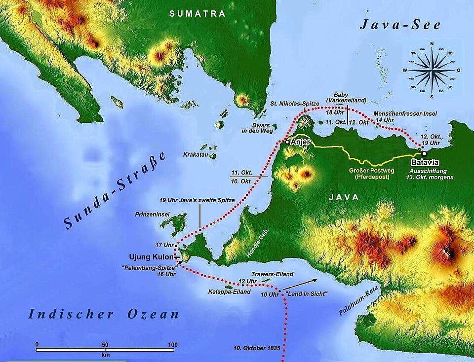 Ankunft der Jacob Cats. Rekonstruiert nach Junghuhns WerkTopographische und naturwissenschaftliche Reisen durch Java.