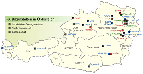 Standorte der österreichischen Justizanstalten.