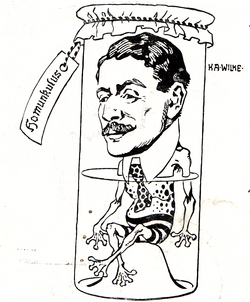 Gezeichnete Person sitzend in einem verschlossenen halbgefüllten Glas mit außen angebrachten Beschriftung auf  einem länglichen Zettel.