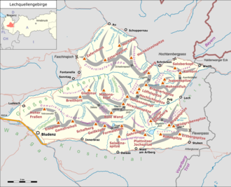 Lage des Lechquellengebirges (gelb hervorgehoben) innerhalb der Ostalpen