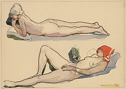 Aktstudien, eh. dat. 20. VIII. 1919, Kohle, Aquarell auf Zeichenkarton, 21,2 × 29,3 cm, Kunstsammlung und Archiv, Universität für angewandte Kunst Wien, Inv. Nr. 19.498.