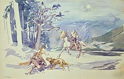 Elchjagd, Studienblatt 1892, Aquarell auf Papier, 24 × 37,5 cm, Kunstsammlung und Archiv, Universität für angewandte Kunst Wien, Inv. Nr. 3524/14.