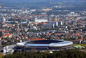 Blick vom Schrottkogel auf das Stadion und den südlichen Teil von Klagenfurt (September 2008)