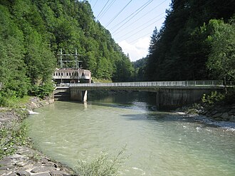 Kraftwerk Langenegg von der Trasse der ehemaligen Bregenzerwaldbahn