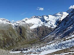 Warnsdorfer Hütte mit Krimmler Kees (Blick von der Birnlücke)