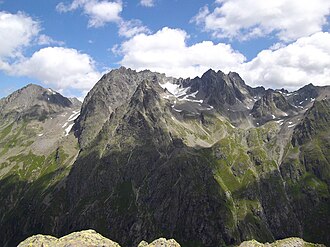 Kuchenspitze (links oberhalb des Gletschers) von Westen