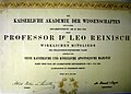 Aufnahmeurkunde von Leo Simon Reinisch in die Akademie der Wissenschaften in Wien