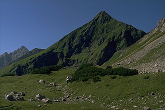 Lärchwand vom Notländsattel. Der Felsberg am linken Bildrand ist der Hochvogel