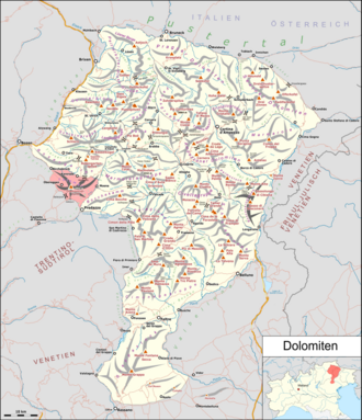 Latemar in Rot dargestellt auf der Dolomitenkarte