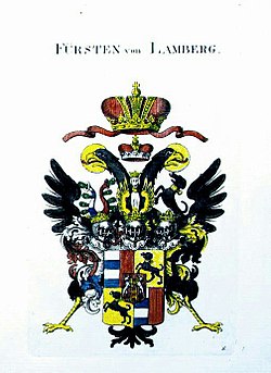Dies Bild zeigt in Farbe das Wappen der Fürsten von Lamberg seit 1707 und datiert selbst auf das Jahr 1818.