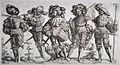 „Die fünf Lands­knechte“, Eisen­radie­rung von Daniel Hopfer aus dem frühen 16. Jahr­hundert