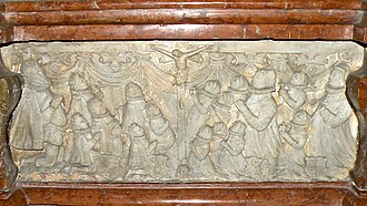 Lorenz Schütter, seine 14 Kinder, davon bereits 5 verstorben (mit †) und seine beiden Ehefrauen. Detail des Epitaphs