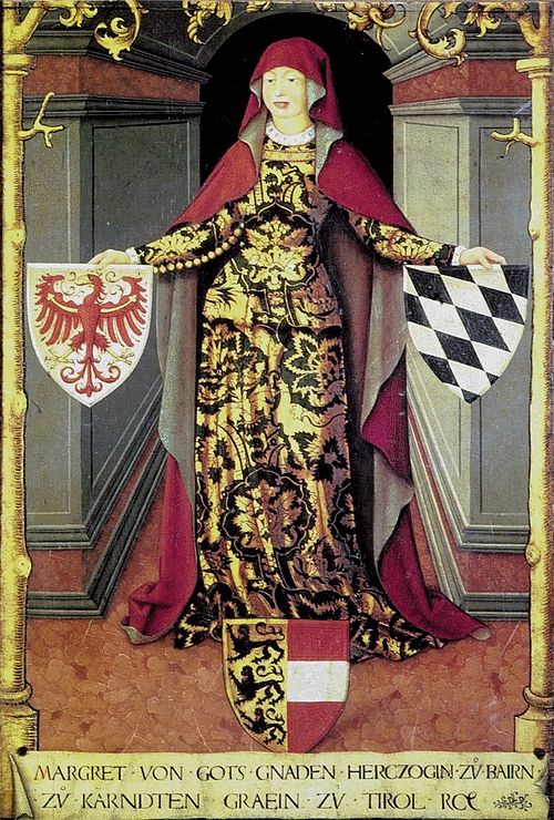 Margarete von Tirol mit dem Kärntner Wappen zu ihren Füßen (Ölgemälde 16.&nbsp;Jahrhundert)