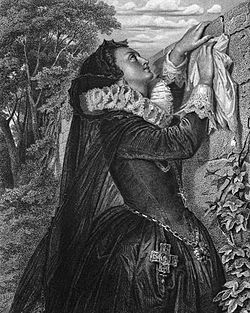 Maria Stuart aus Friedrich Schillers Drama Maria Stuart, als Stahlstich gestochen um 1859 nach einer Zeichnung von Arthur von Ramberg