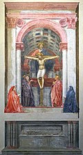 Gesamtansicht der Dreifaltigkeit mit Skelett und Inschrift, Fresko, 1425–1427 (?), Santa Maria Novella, Florenz