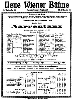 Plakat für die Wiener Premiere: Narrentanz von Leo Birinski am 28. September 1912.