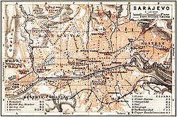 Sarajevo um 1905 mit Linienführung der Ostbahn durch den Vorort Bistrik im Süden der Stadt.