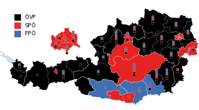 Stärkste Partei auf Ebene der Regionalwahlkreise (mit Wahlkarten)Die Kästchen zeigen im ersten Ermittlungsverfahren gewonnene Mandate (Grundmandate) an