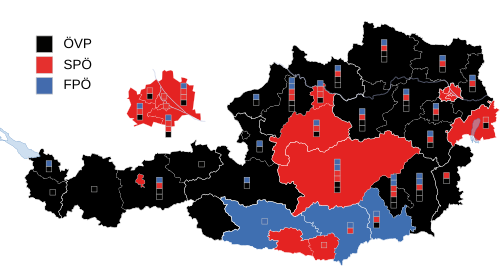 Stärkste Partei auf Ebene der Regionalwahlkreise (mit Wahlkarten)Die Kästchen zeigen im ersten Ermittlungsverfahren gewonnene Mandate (Grundmandate) an